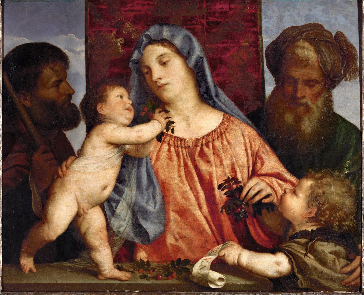 Madona com cerejas ... (óleo sobre tela) de Titian (c.1488 1576)