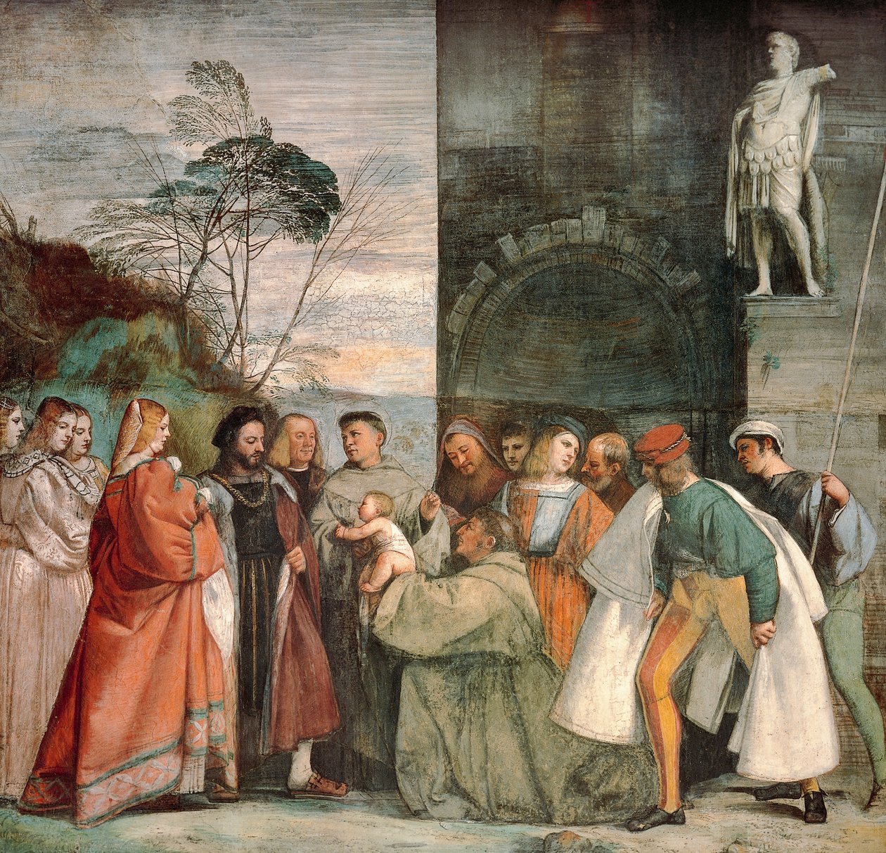 Milagre do recém-nascido, detalhe de Cenas da Vida de Santo Antônio de Pádua, de Ticiano (ca. 1490-1576), afresco, Escola de Santo ou Scoletta, Pádua de Titian (c.1488 1576)