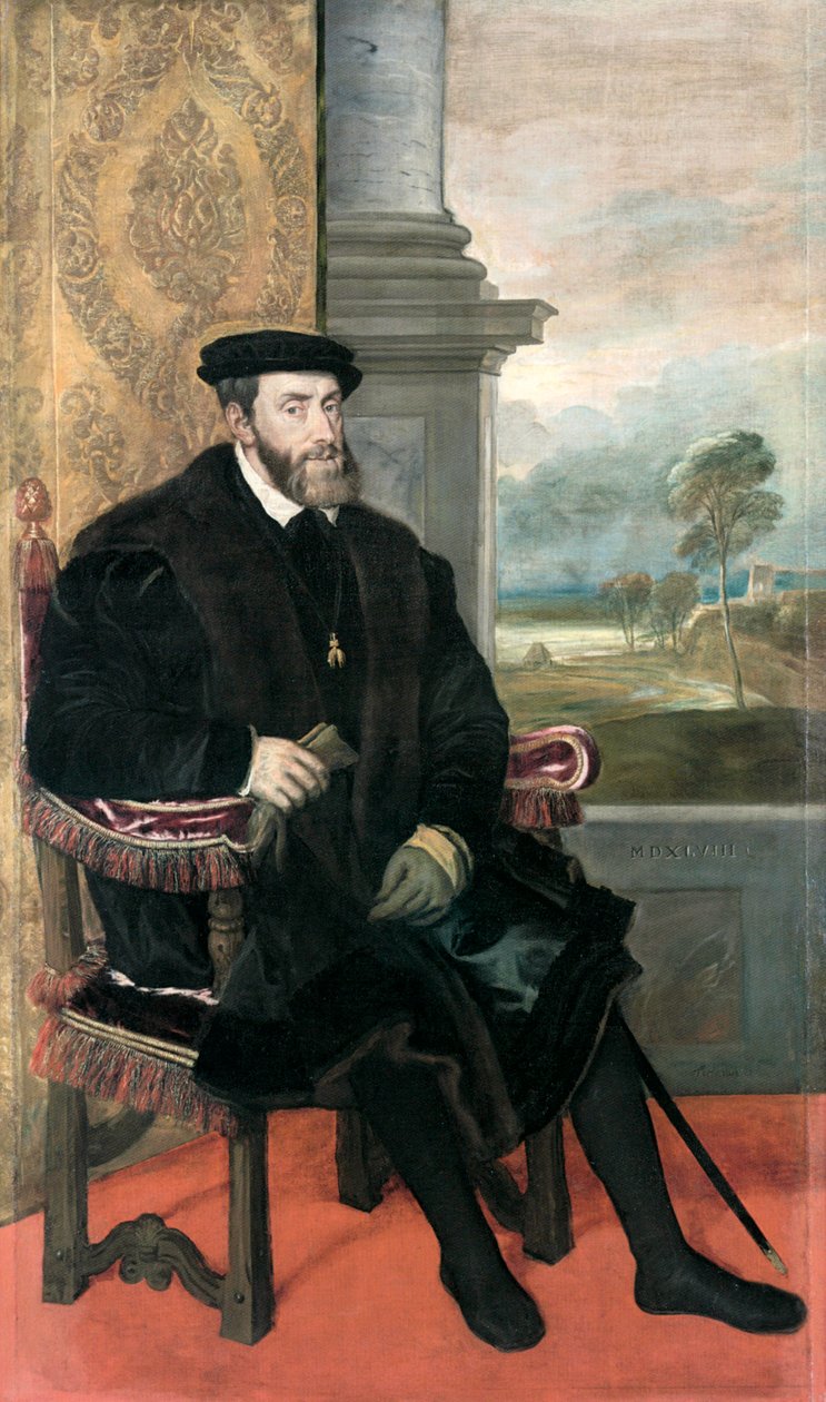 Retrato sentado do imperador Carlos V de Titian (c.1488 1576)