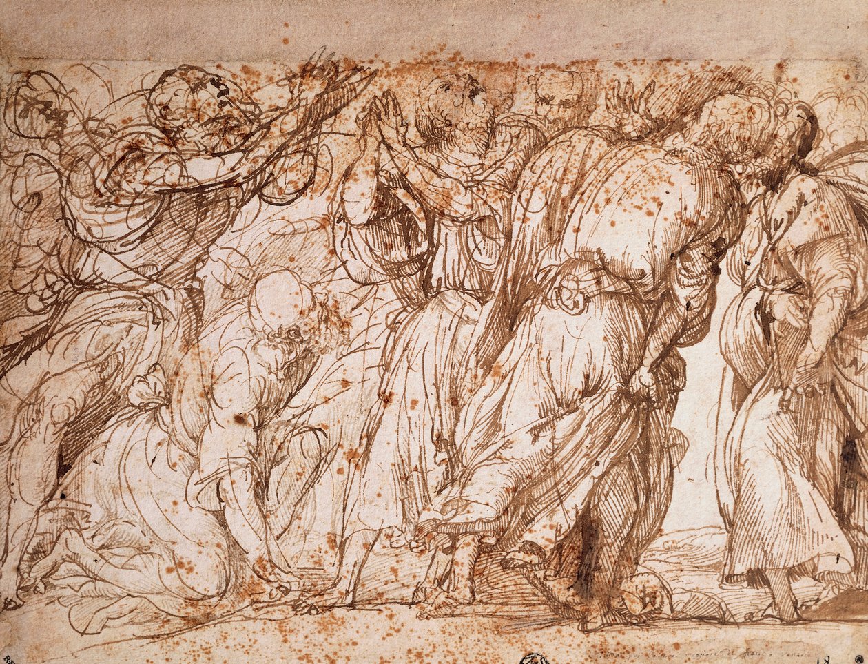 Estudo do grupo dos Apóstolos na Igreja da Assunção dos Frades em Veneza, Tiziano Vecellio (ca. 1490-1576), caneta e desenho a tinta de Titian (c.1488 1576)