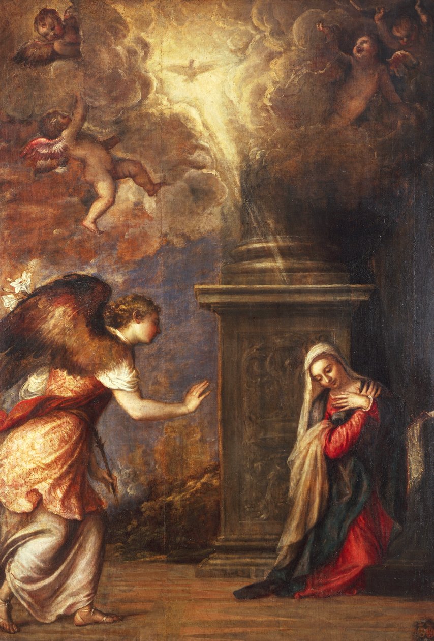 A Anunciação, de Ticiano (ca. 1490-1576), da Igreja de San Domenico Maggiore em Nápoles, óleo sobre tela, 280x210 cm de Titian (c.1488 1576)