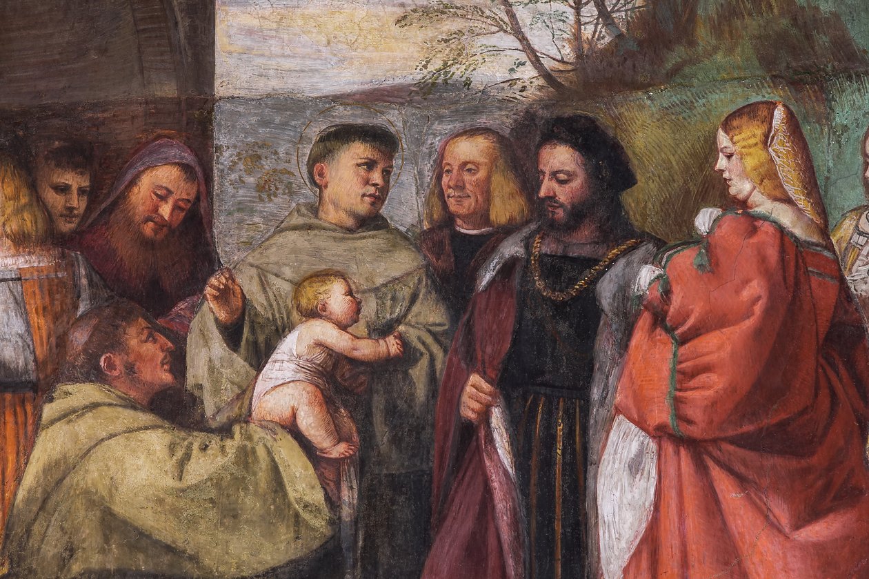 O Bebê proclamando a inocência da Mãe, o muro norte, Escola do Santo, detalhe de 2195188 e 2195385 de Titian (c.1488 1576)
