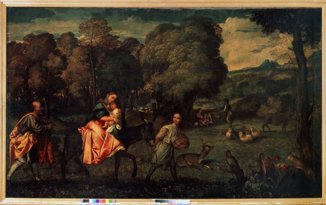 A fuga para o Egito, c.1508 (óleo sobre tela) de Titian (c.1488 1576)