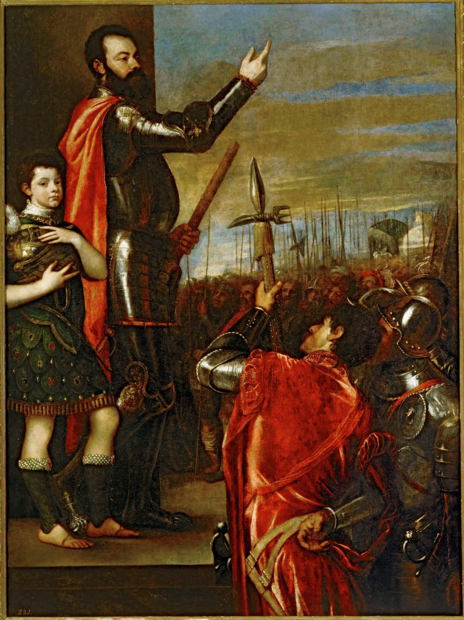O marquês de Vasto dirigindo-se aos seus soldados ... (pintura sobre tela) de Titian (c.1488 1576)