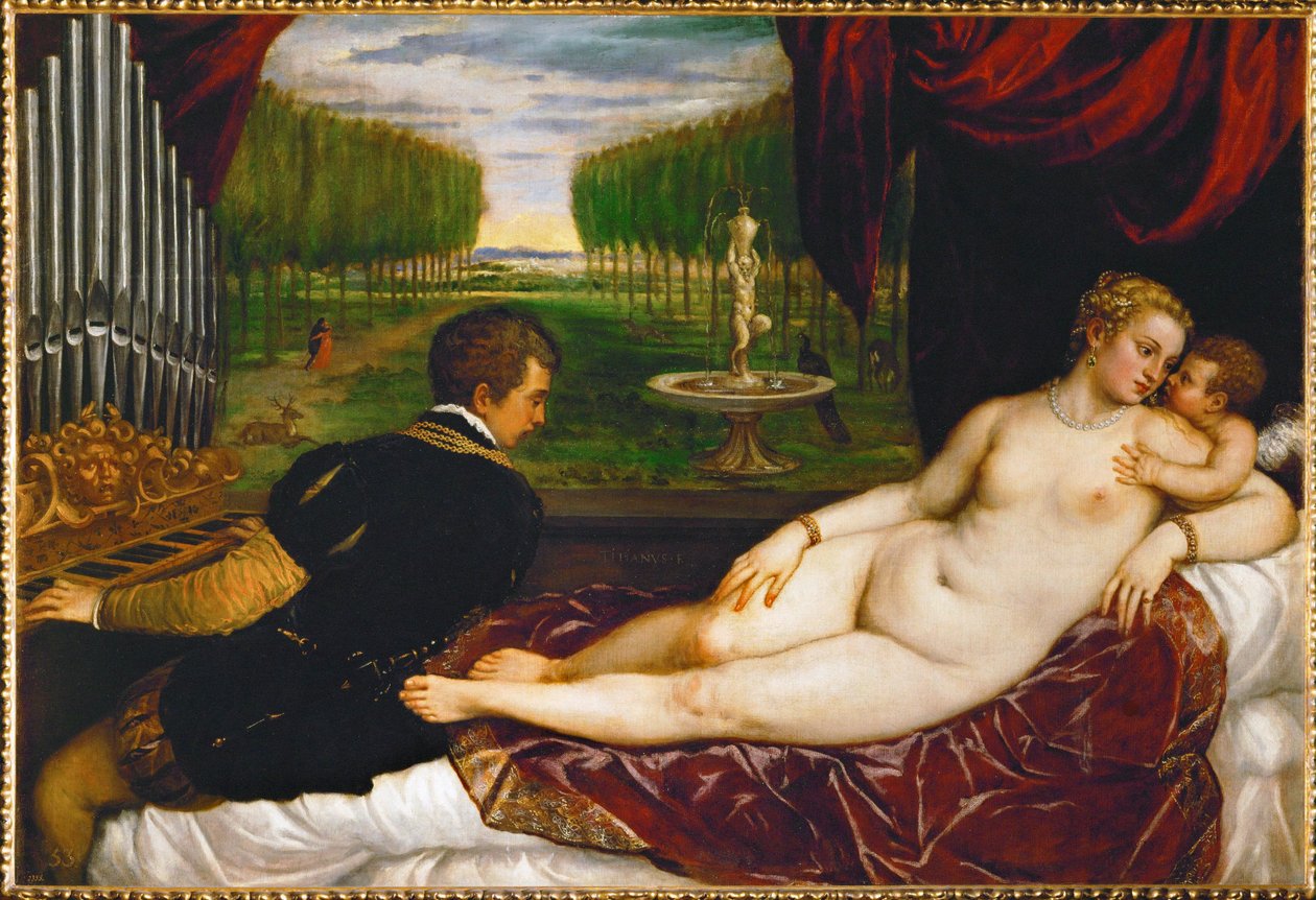 Vénus, Cupido e um organista ... (pintura sobre tela) de Titian (c.1488 1576)