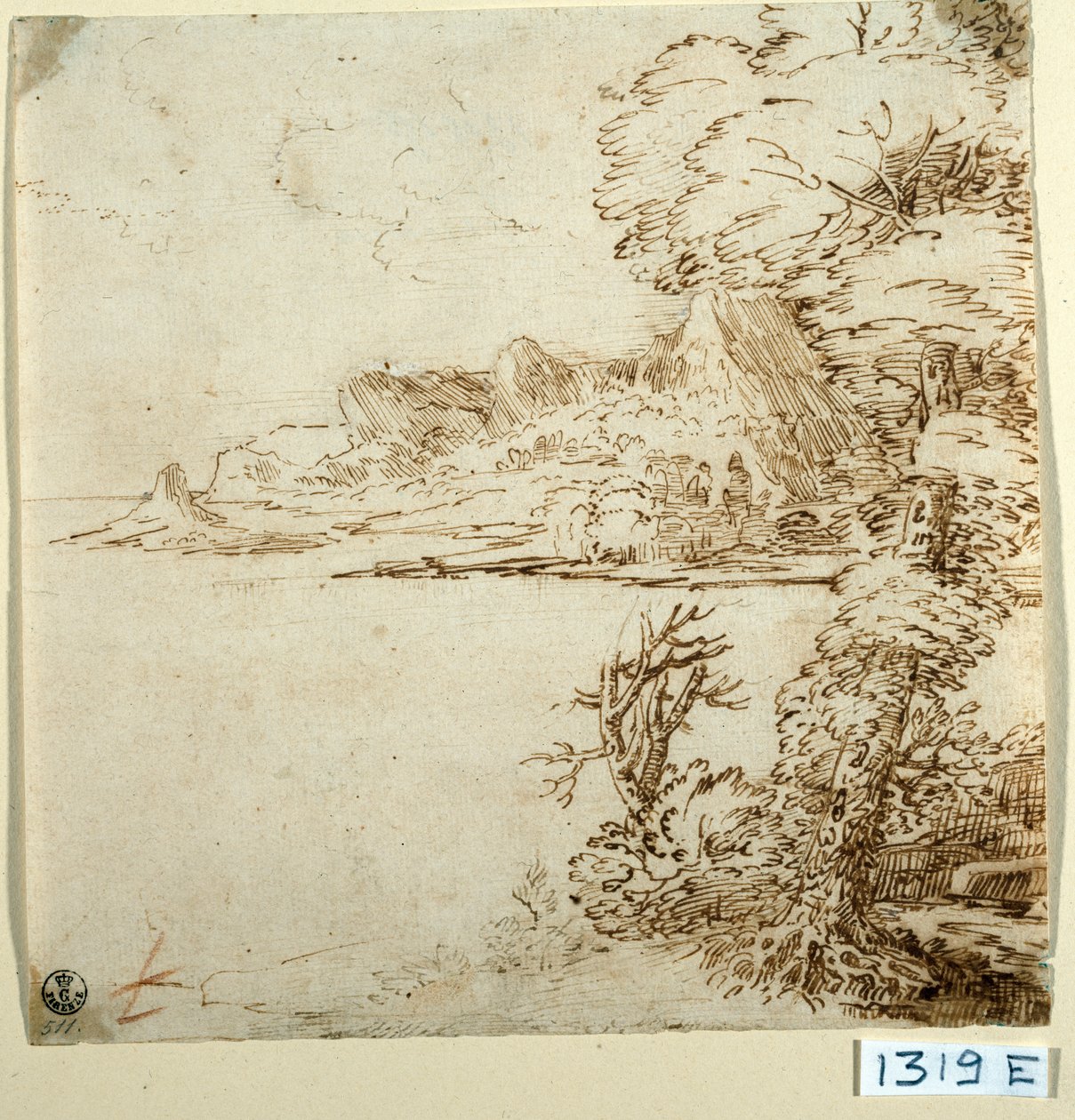 Vista de uma costa montanhosa (tinta sobre papel) de Titian (c.1488 1576)