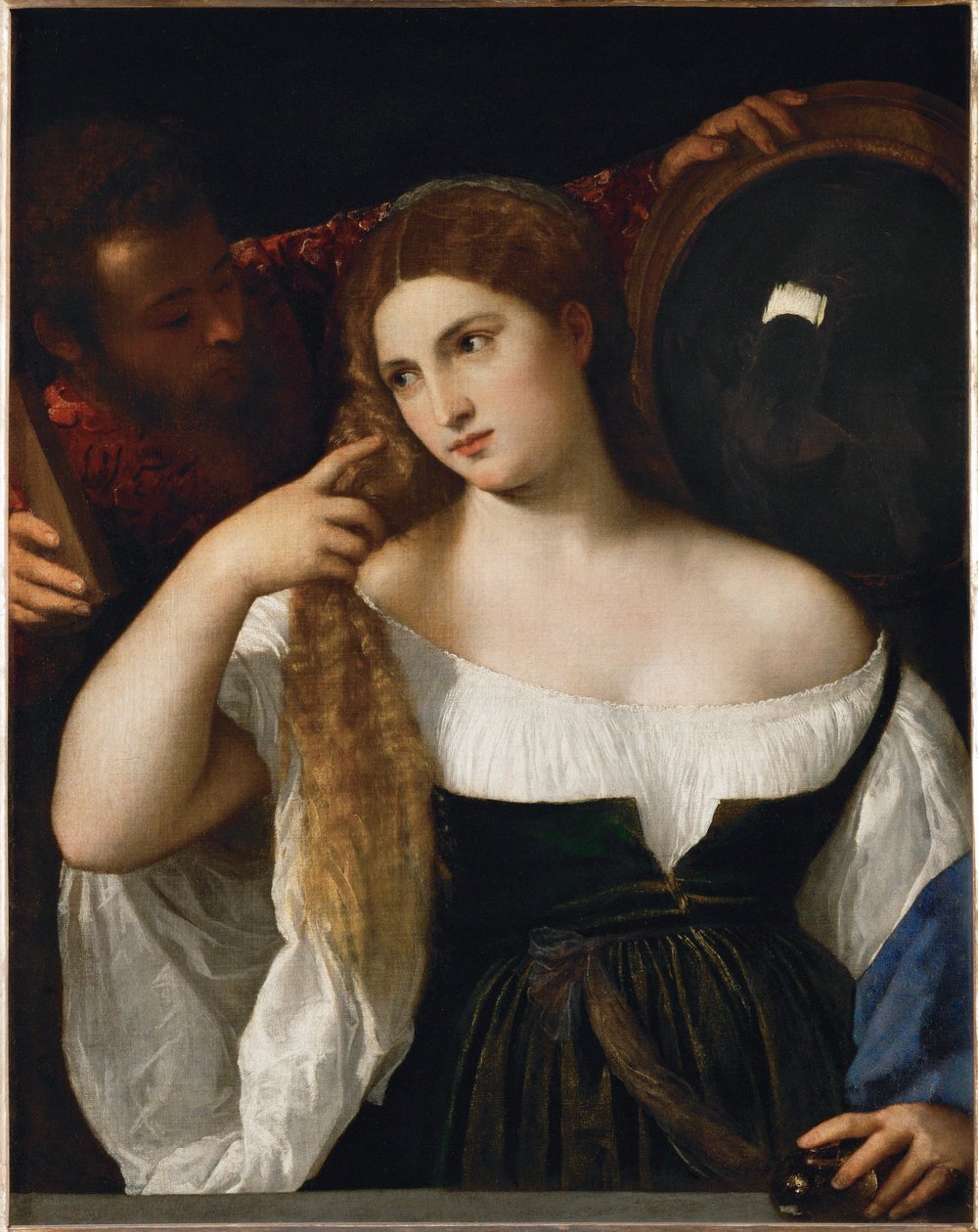 Mulher com um espelho de Titian (c.1488 1576)