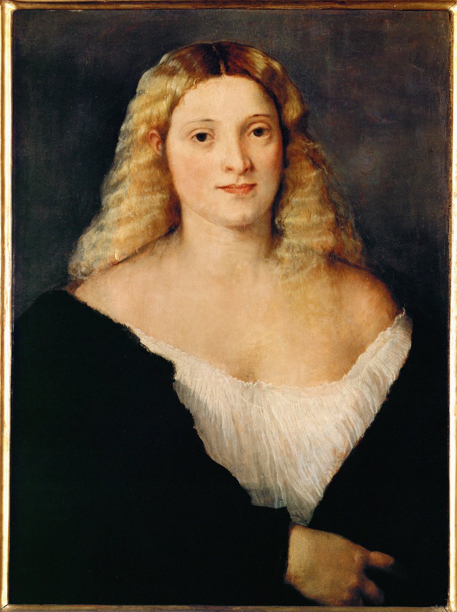 Mulher jovem com um vestido preto ... de Titian (c.1488 1576)