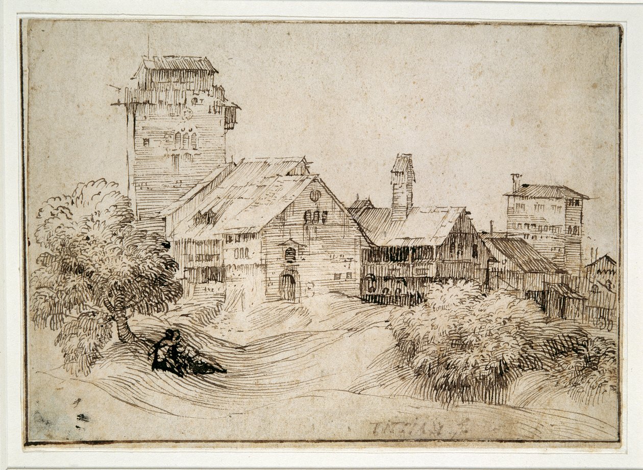Aldeia alpina e amantes de abraçar (caneta e tinta sobre papel) de Titian (c.1488 1576) (after)