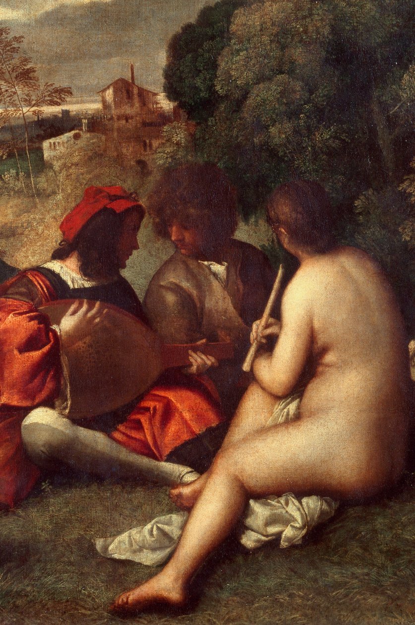 O concerto da banda Músicos na relva, as mulheres estão nuas. Pormenores. Pintura atribuída a Tiziano Vecellio dit le Titian (1485-1576) ou Giorgio da Castelfranco dit Giorgione (1476/1478-1510) Sol. 1,05 X 1,36 m Paris, musee du Louvre de Titian (c.1488 1576) (attr. to)