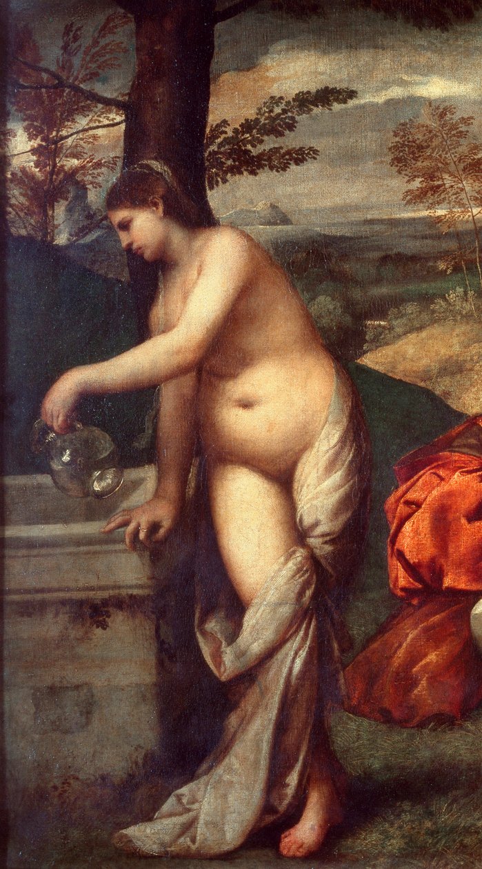 O concerto da banda Músicos na relva, as mulheres estão nuas. Detalhe de uma delas a encher o seu jarro até à fonte. Pintura atribuída a Tiziano Vecellio dit le Titian (1485-1576) ou Giorgio da Castelfranco dit Giorgione (1476/1478-1510) Sol. 1,05 X 1,36 m de Titian (c.1488 1576) (attr. to)