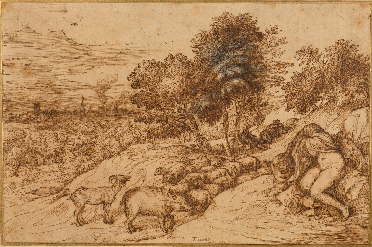 Uma paisagem de madeira com uma mulher nua, com a cabeça escondida por um manto (caneta e tinta marrom sobre papel creme) de Titian (c.1488 1576)