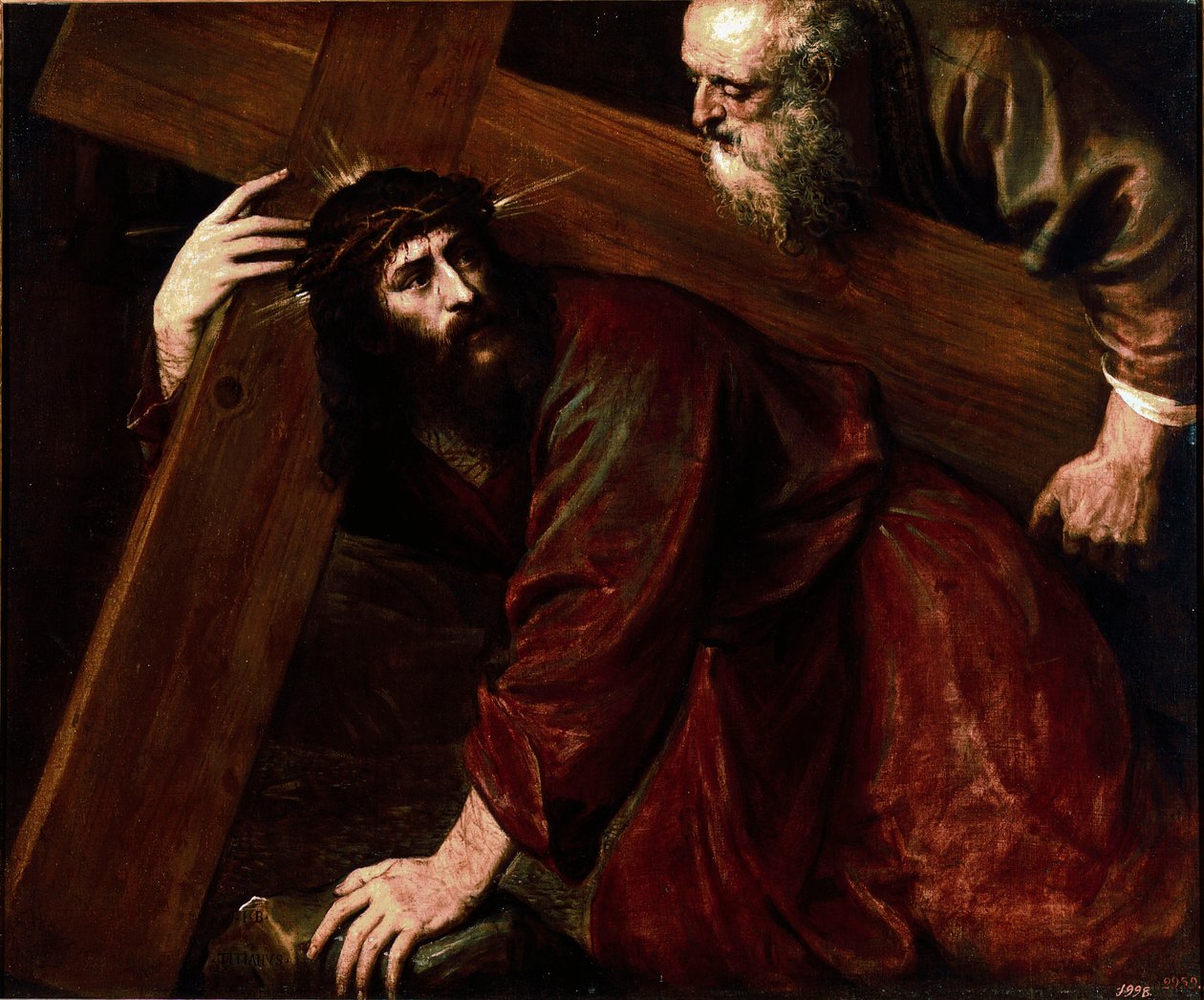 Cristo e Simão Cireneu (o Cireneu) ajudam Jesus a carregar a sua cruz. Pintura de Tiziano Vecellio chamada Ticiano (1485-1576) de Tiziano Vecelli