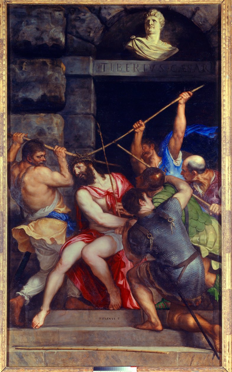 Cristo coroa de espinhos Pintura de Tiziano Vecellio chamada Titian (1485-1576) Sol do século XVI. 3,03x1,8 m de Tiziano Vecelli