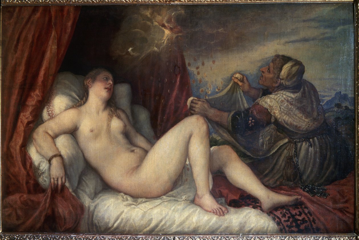 Danae. Mitologia grega: Zeus apresenta-se à Danae sob a forma de uma chuva de moedas de ouro para seduzi-la. Pintura por (iziano Vecellio chamado Titian (Vecelli ou Tiziano da Cador de Tiziano Vecelli