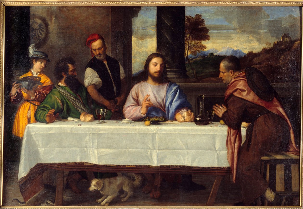 Jantar em Emaús Conheça Jesus com pelerins. Pintura de Tiziano Vecellio dit le Titian (1485-1576) 16th Century Sun. 1,69x2,44 m de Titian (c.1488 1576)