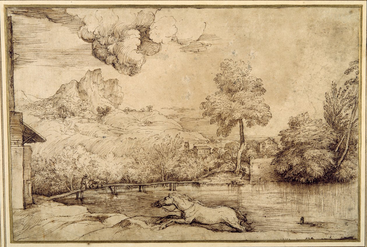 Paisagem: um cavalo sem cavaleiro perseguido por uma serpente (caneta e tinta castanha sobre papel de cor creme) de Titian (c.1488 1576)