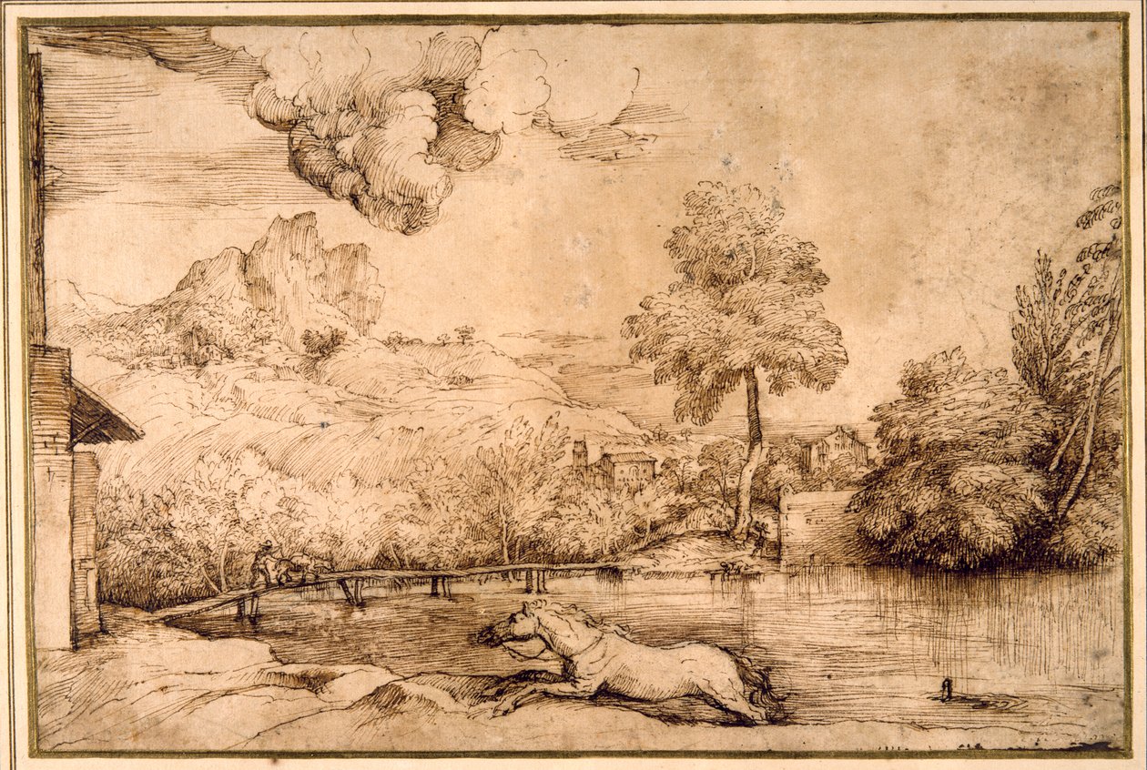 Paisagem: um cavalo sem cavaleiro perseguido por uma serpente (caneta e tinta castanha sobre papel creme) de Titian (c.1488 1576)