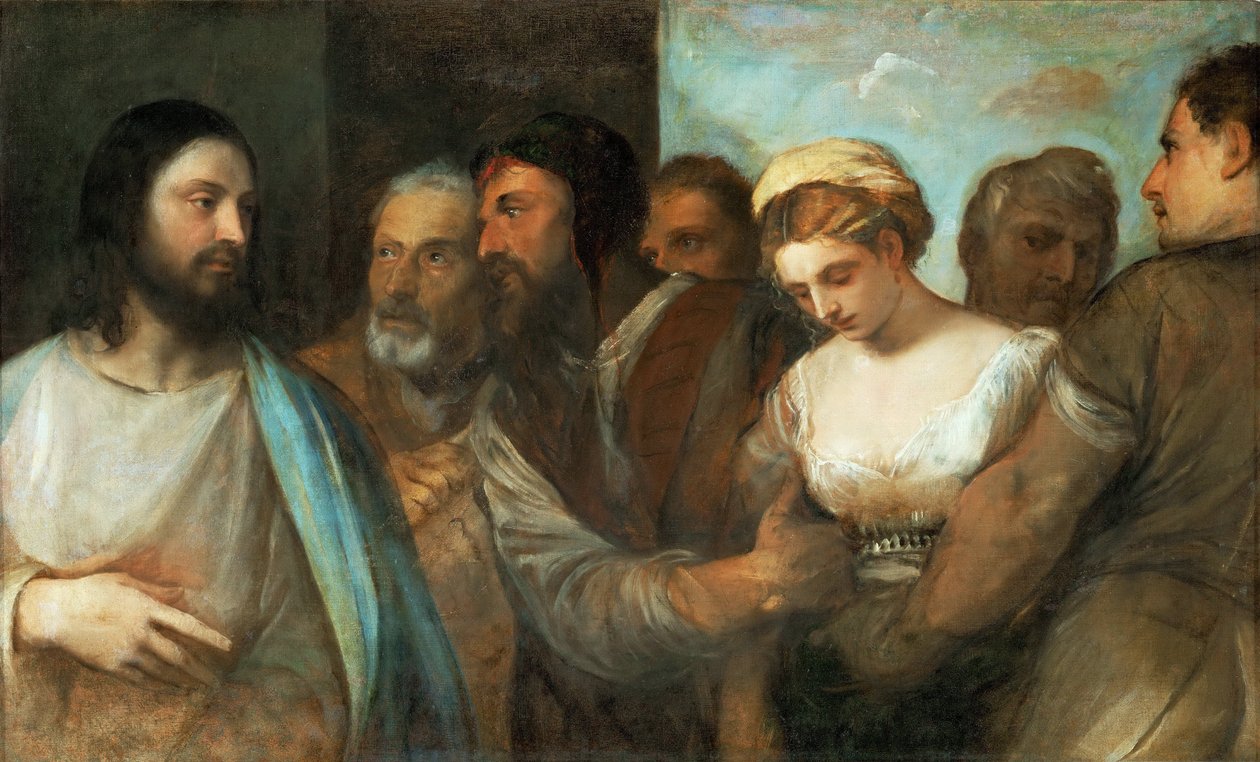 Le Christ et la femme adultere - Cristo e a Mulher Tomada em Adultério, de Ticiano (1488-1576). Óleo sobre tela, c. 1520. Dimensão : 82,5x136,5 cm. Museu de História de Arte, Vienne de Tiziano Vecelli