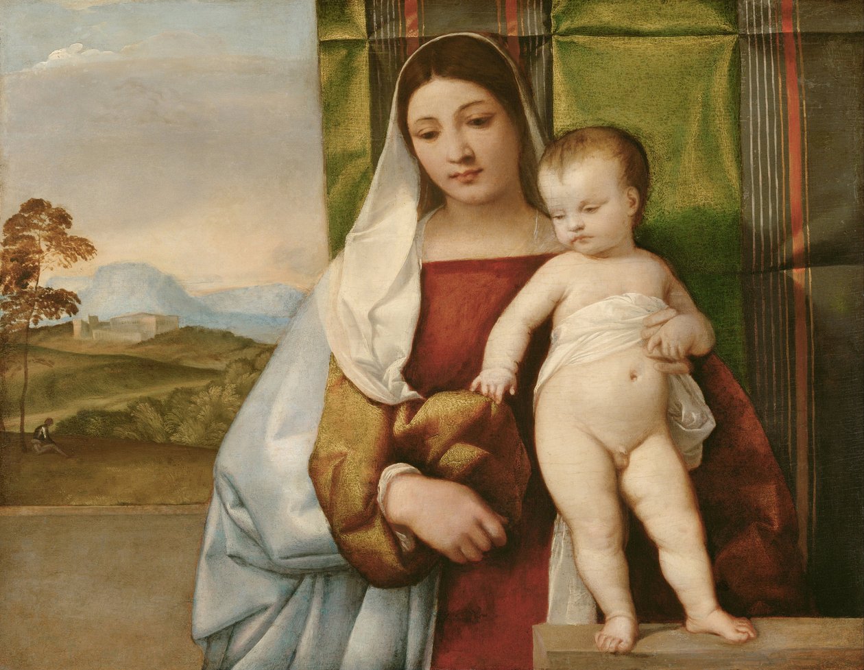 "Madonna zingarella" (La madone bohemienne) (The Gipsy Madonna) Peinture de Tiziano (Titien ou Titian) (1488-1576) vers 1510 - Óleo sobre madeira Dim 65,5x83,5 cm Museu de História da Arte, Vienne de Titian (c.1488 1576)