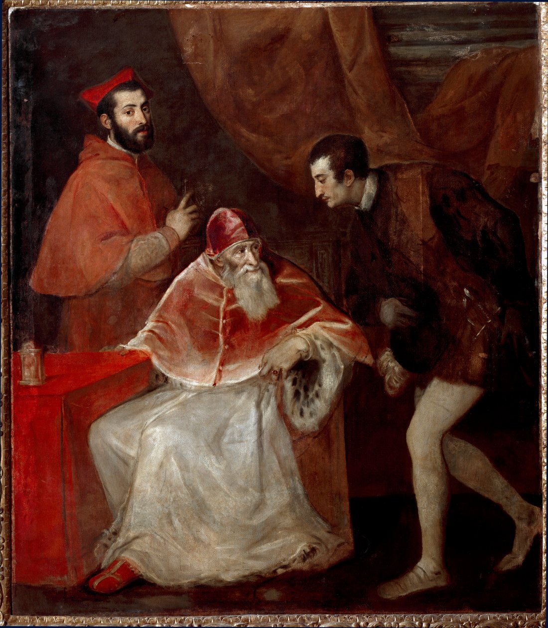O Papa Paulo III e seus netos (Alessandro e Ottavio Farnese) de Tiziano Vecelli
