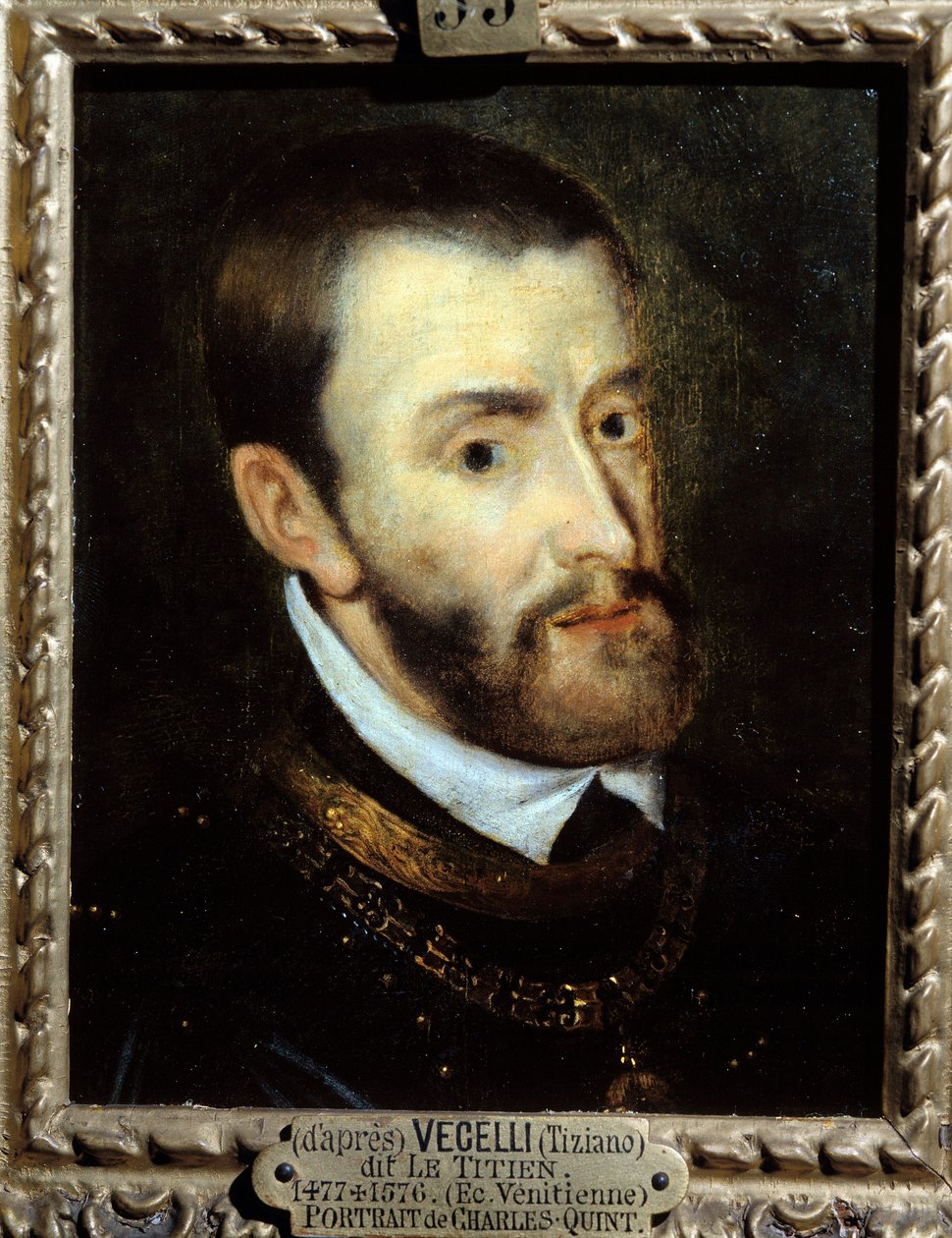 Retrato do Imperador Carlos V (1500-1558) Pintura de Augustine Quesnel (1595-1661) depois de Tiziano Vecellio conhecido como Le Titian (1485-1576) do século XVI. Chantilly, Musee Conde de Titian (c.1488 1576)