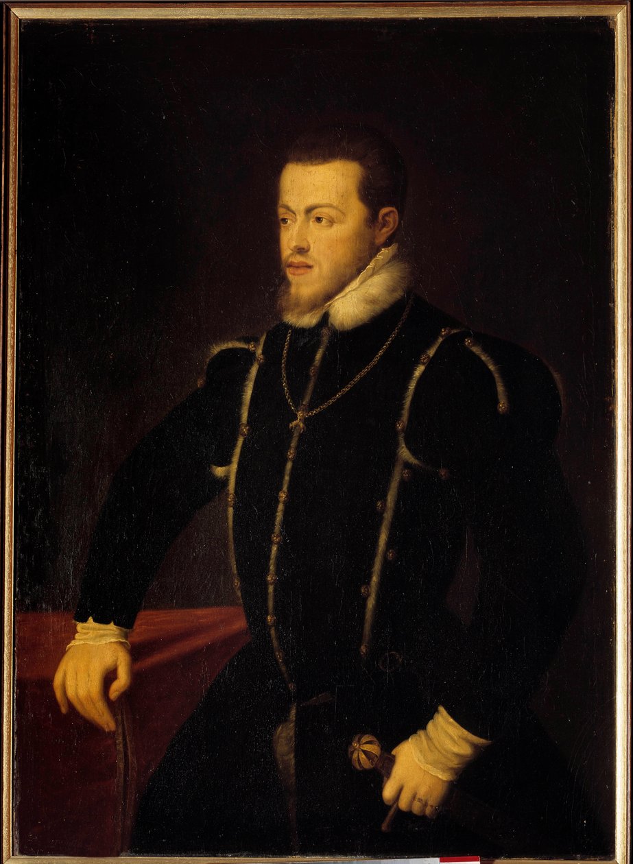 Retrato de Filipe II (1527-1598) Rei de Espanha e Portugal Pintura de Tiziano Vecellio chamada o Ticiano (1485-1576) Sol do século XVI. 1,08x0,76 m de Tiziano Vecelli