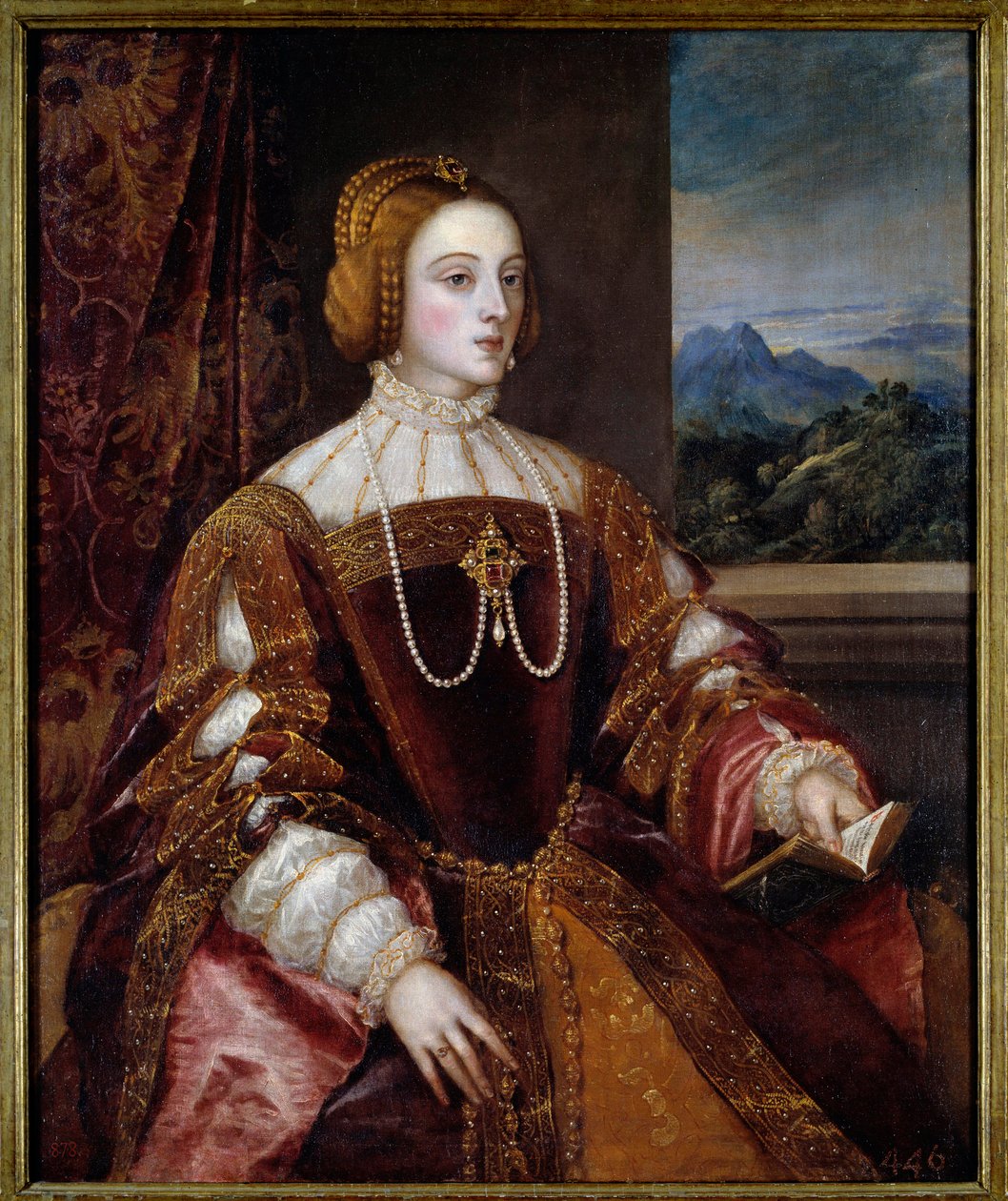 Retrato do Impression Isabella de Portugal (1503-1539) Pintura de Tiziano Vecellio (1485-1576) Sol do século XVI. 1,17x0,98 m Madrid, Museu do Prado de Tiziano Vecelli