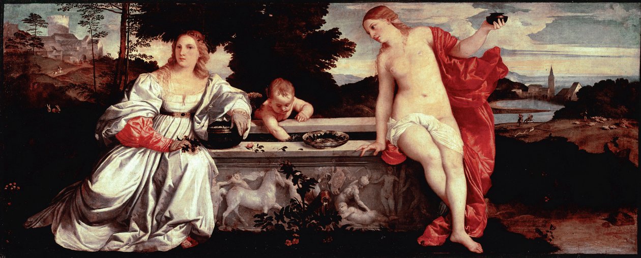 Amor Sagrado e Amor Secular Pintura de Tiziano Vecellio chamada Titian (1490-1576) 1515 aproximadamente. Sol. 118x279 cm Roma, Galleria Borghese - Amor Sagrado e Profano - Pintura de Tiziano Vecellio, chamado Titian (c.1488-1576), óleo sobre tela, ca. 1515 de Tiziano Vecelli