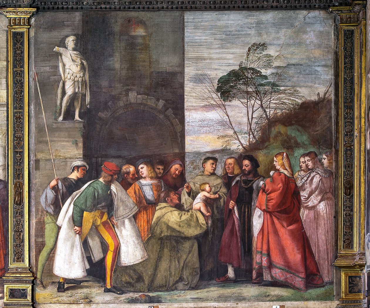 O Bebé proclamando a inocência da Mãe, a Muralha do Norte, Escola do Santo, detalhe de 2195188 de Titian (c.1488 1576)