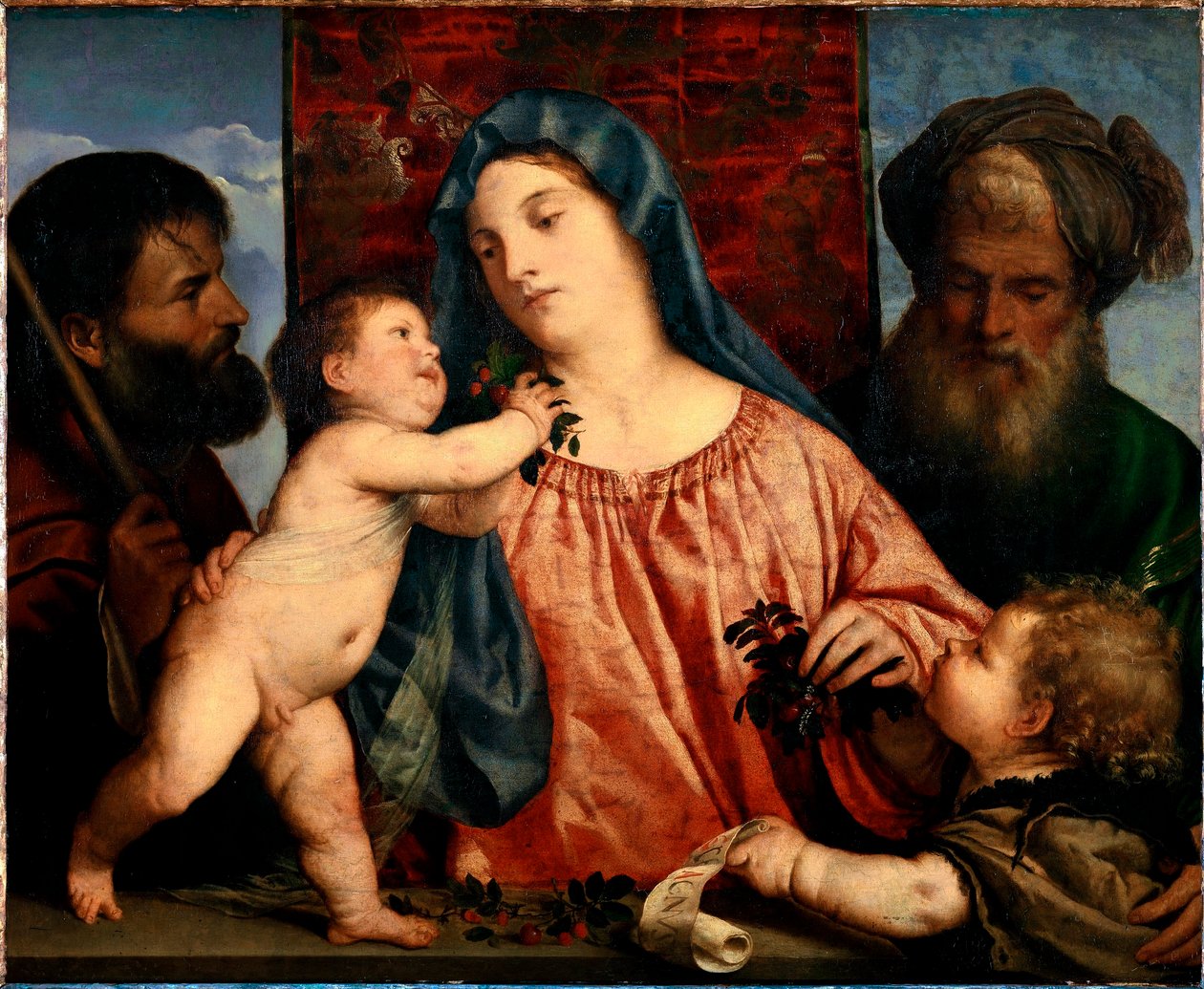 A Virgem de Cerejas S. José, Zacarias e João Batista rodeiam Maria e a criança. Pintura de Tiziano Vecellio chamada Ticiano (ca. 1490-1576) 1515-1520 Sol. 81x99,5 cm Viena, Museu Kunsthistorisches, Áustria de Tiziano Vecelli