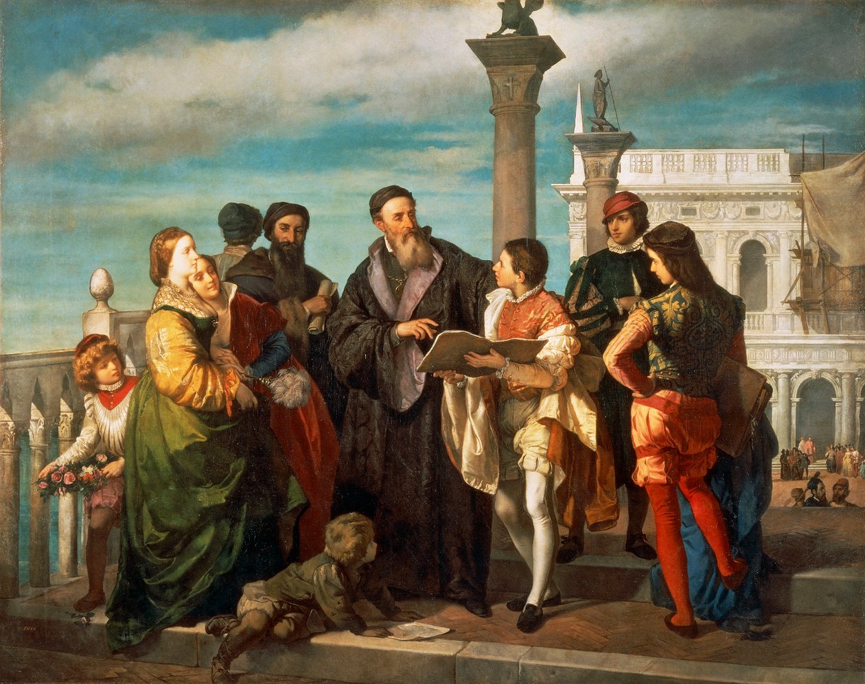 O Encontro entre o Ticiano (1488-1576) e a jovem Veronese (1528-88) na Ponte della Paglia, de Antonio Zona (1814-1842), óleo sobre tela de Titian (c.1488 1576)