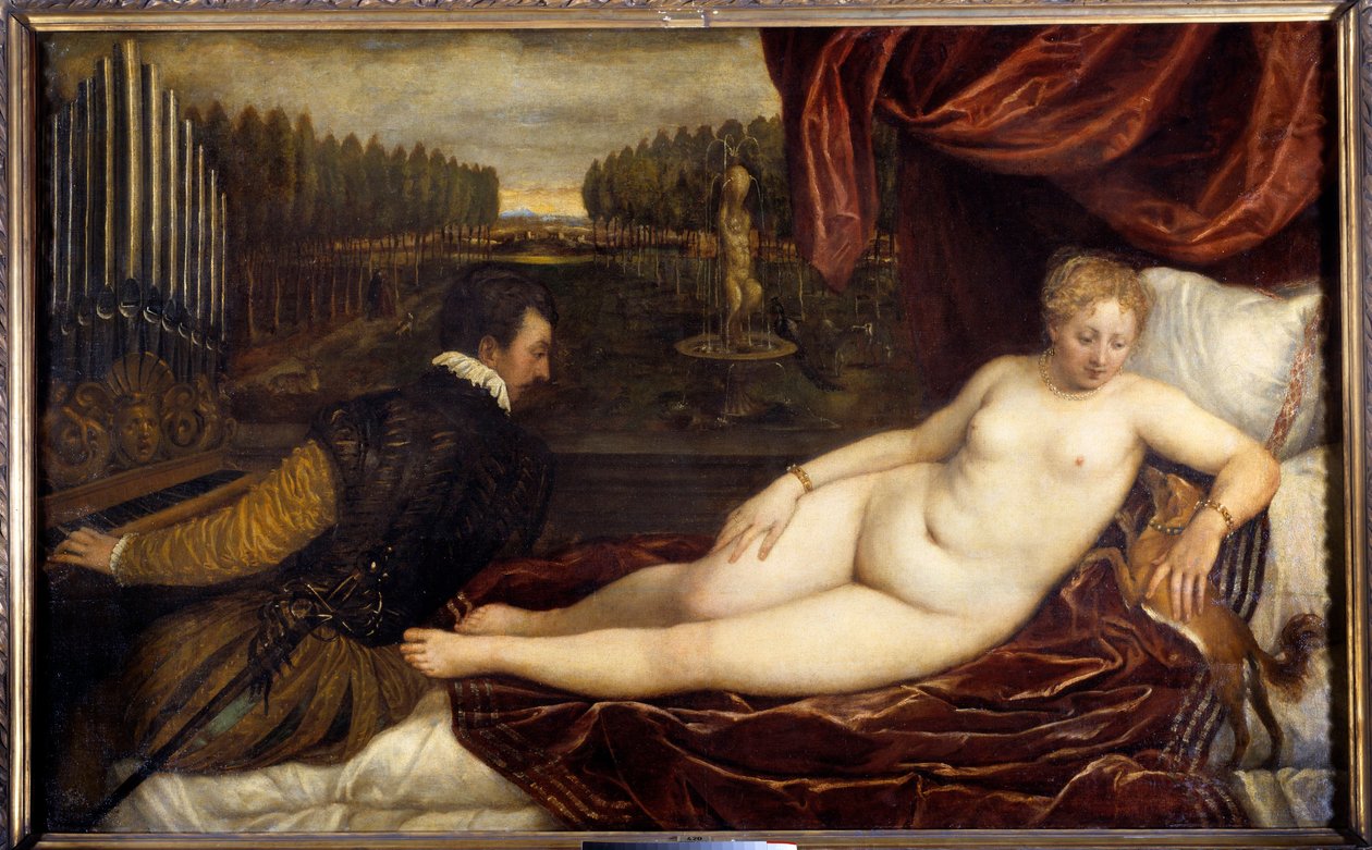 O concerto Un woman nude lie en pres un homme playing the organ. Pintura de Tiziano Vecellio chamada Ticiano (1485-1576) de Tiziano Vecelli