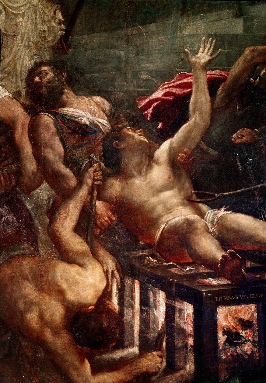 O martírio de São Lourenço Supplice de São Lourenço na grelha em 258 em Roma. Detalhe. Pintura de Tiziano Vecellio chamada o Ticiano (ca. 1490-1576) 1548-1559 Sol. 500x280 cm Veneza, Igreja dos Jesuítas. de Titian (c.1488 1576)