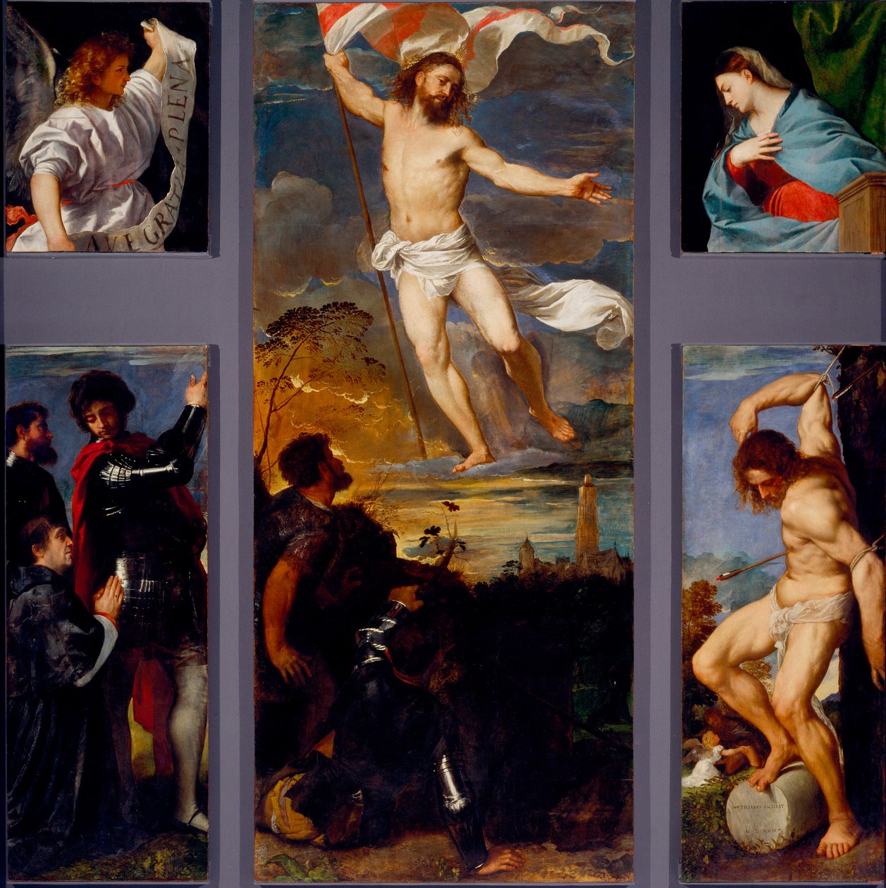 A ressurreição "A Virgem" "São Sebastião" e os patrocinadores. Painéis do políptico de Averoldi. Pintura em madeira de Tiziano Vecellio chamada Titian (ca. 1490-1576) Século XVI Brescia, Igreja dos Santos Nazzaro e Celso de Titian (c.1488 1576)