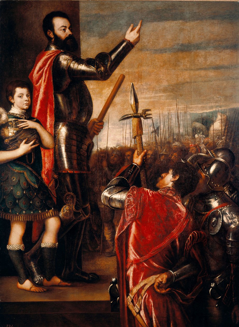 O discurso de Alfonso de Avalos (1502-1546), condottiero (condottiere) Pintura Italiana por Tiziano Vecellio disse o Ticiano (1490 circa-1576) 1540-1541 Dim. 223x165 cm Madrid, Museu do Prado de Tiziano Vecelli