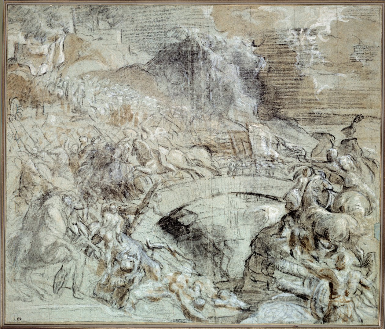 Guerras de Itália: "A Batalha de Cadore" Batalha que em cerca de 1508 a cidade de Pieve di Cadore aliou-se com os Venicianos com as tropas de Maximiliano I de Habsburgos. Desenho com pedra negra e lavagem por Tiziano vecellio (1485-1576) chamado Ticiano. 1 de Tiziano Vecelli