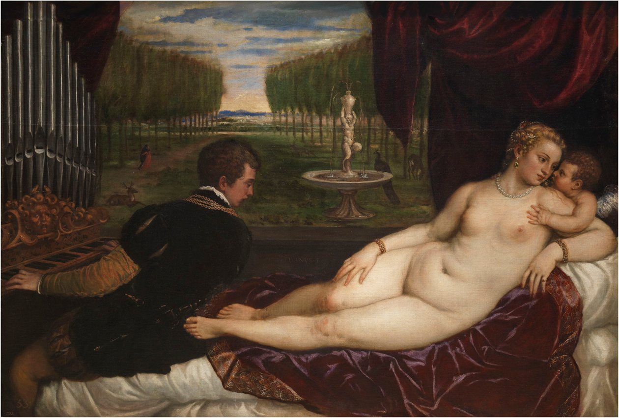 Vênus com um organista e Cupido, cerca de 1555. de Titian