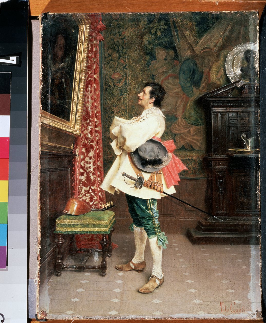 "Antes de um Retrato" Um homem, vestido com um uniforme de mosqueteiro do século XVII, admirando uma pintura (o seu próprio retrato) Pintura de Tito Conti (1842-1924) Mikhail Kroshitsky Art Museum, Sevastopol (Sebastopol) Ucrânia de Tito Conti
