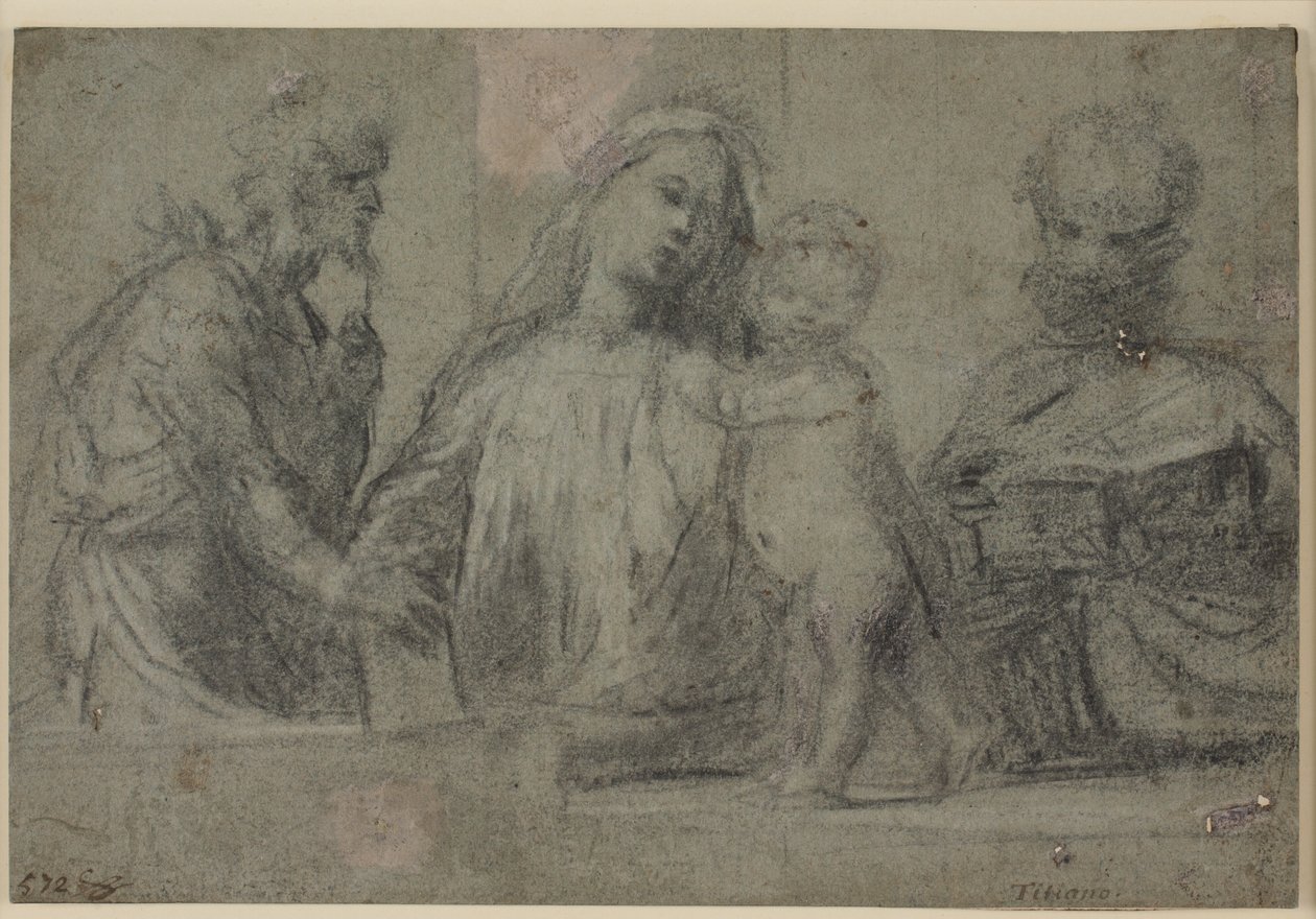 Figuras de meio comprimento de uma Madonna e criança ladeada por São João Batista e São Pedro de Tizian