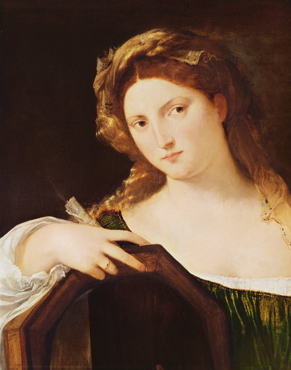 Detalhe da alegoria da vaidade, ou jovem mulher com um espelho, c.1515 de Tiziano Vecelli