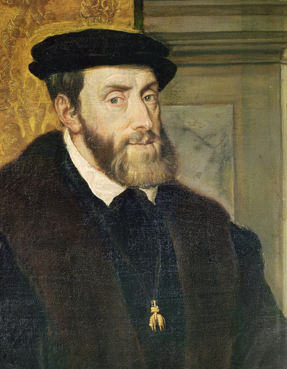 Detalhe do retrato sentado do imperador Carlos V (1488-1576) 1548 (ver 158620) de Tiziano Vecelli