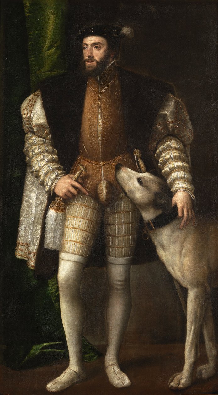 Imperador Charles V com um cão de caça de Tiziano Vecelli