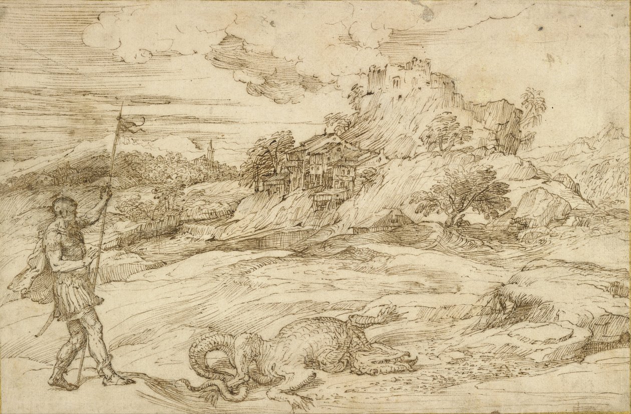 Paisagem com St. Theodore Superando o Dragão de Tiziano Vecelli