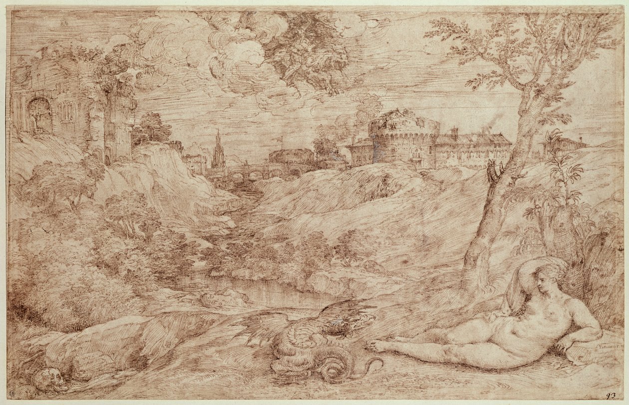 Paisagem com um dragão e uma mulher nua dormindo de Tiziano Vecelli