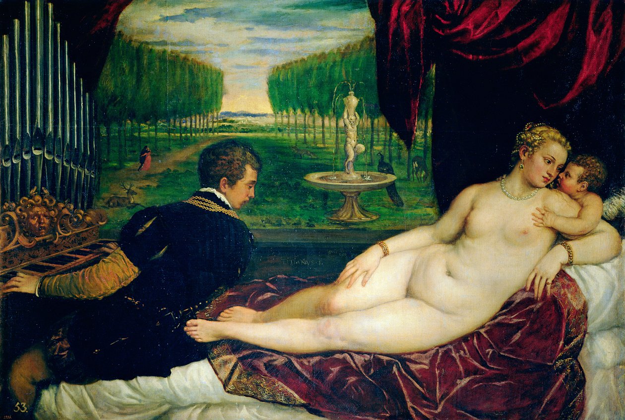 Vênus com um organista e Cupido, c.1540-50 de Tiziano Vecelli
