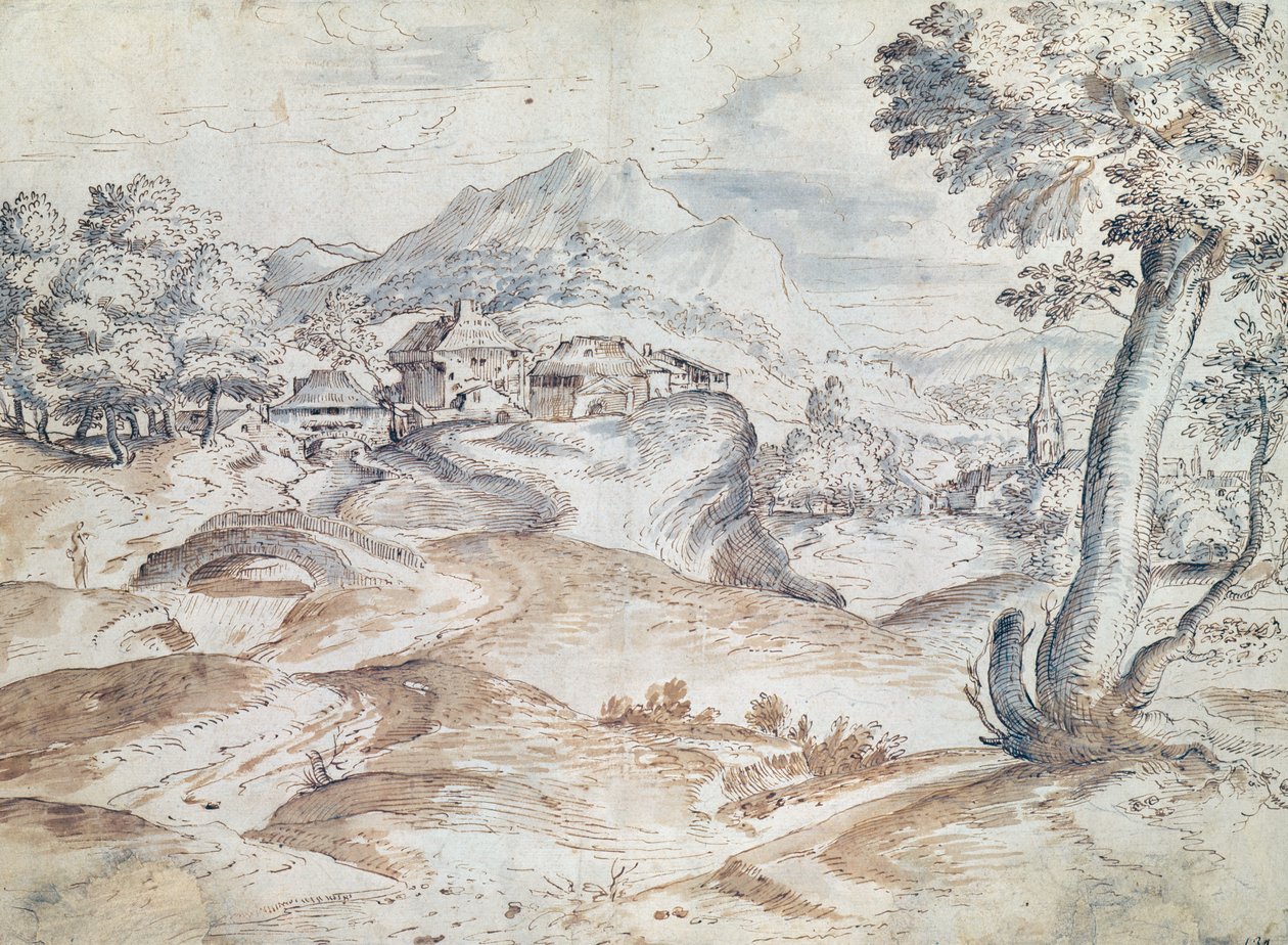 Paisagem arborizada com aldeia e igreja (lavar und tinta no papel) de Tiziano Vecelli