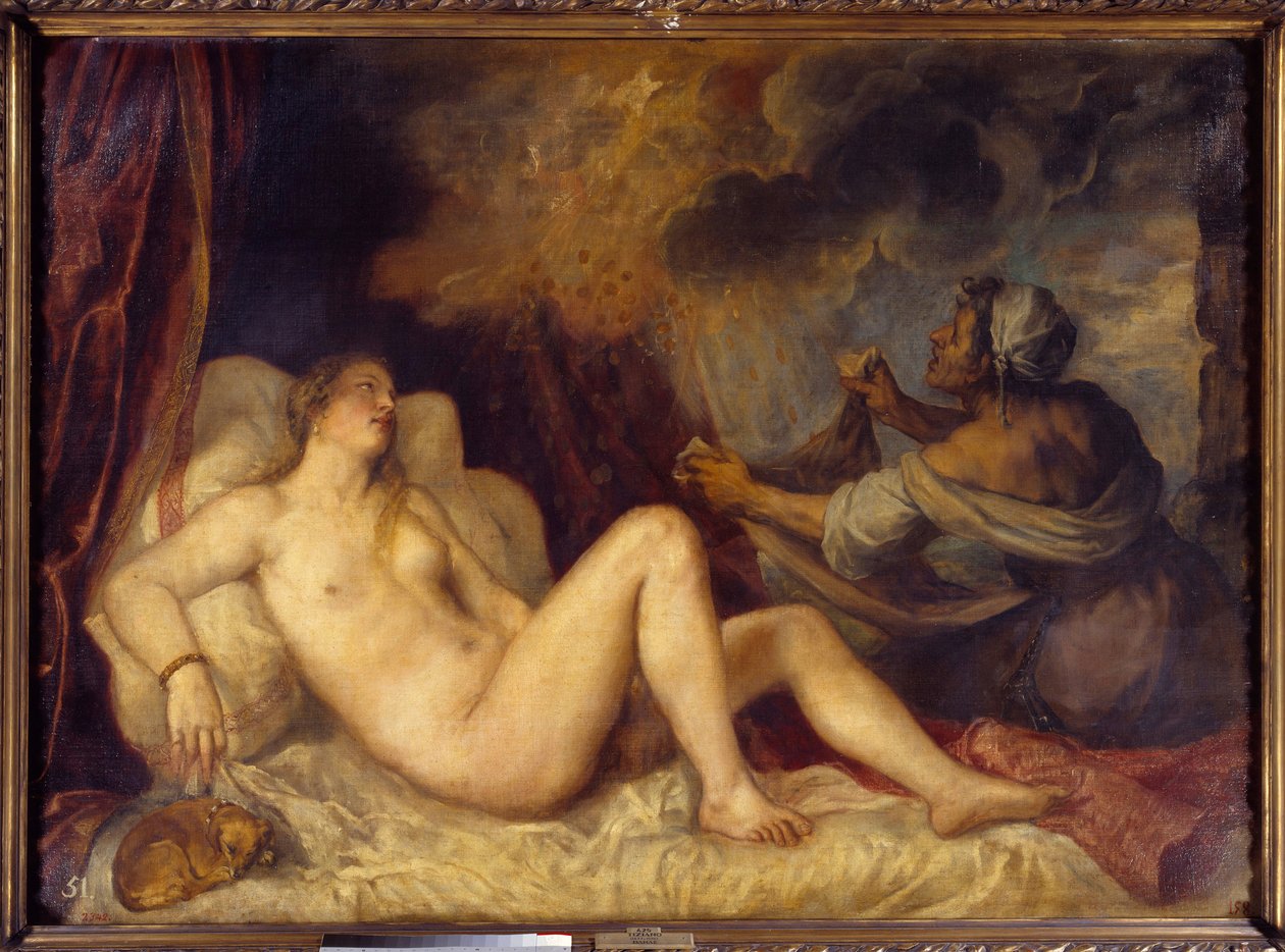 Danae recebendo a chuva dourada Zeus vem até Danae para seduzi-la na forma de uma chuva de moedas de ouro. Pintura de Tiziano Vecellio chamada O Ticiano (1488-1576) 1553 Sol. 1,29x1,8 m Madrid, Museu do Prado de Tiziano Vecelli