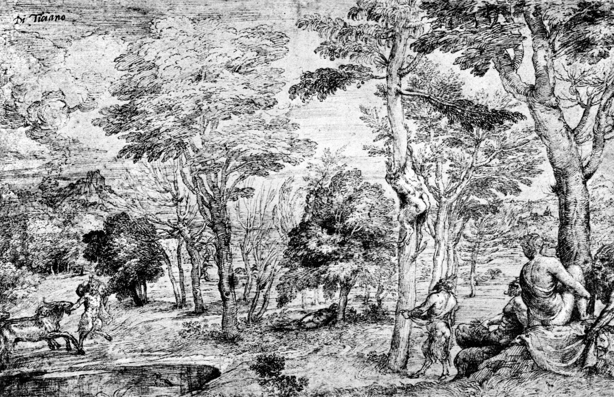 Paisagem com sátiros, c1530-1540, 1937 de Tiziano Vecelli