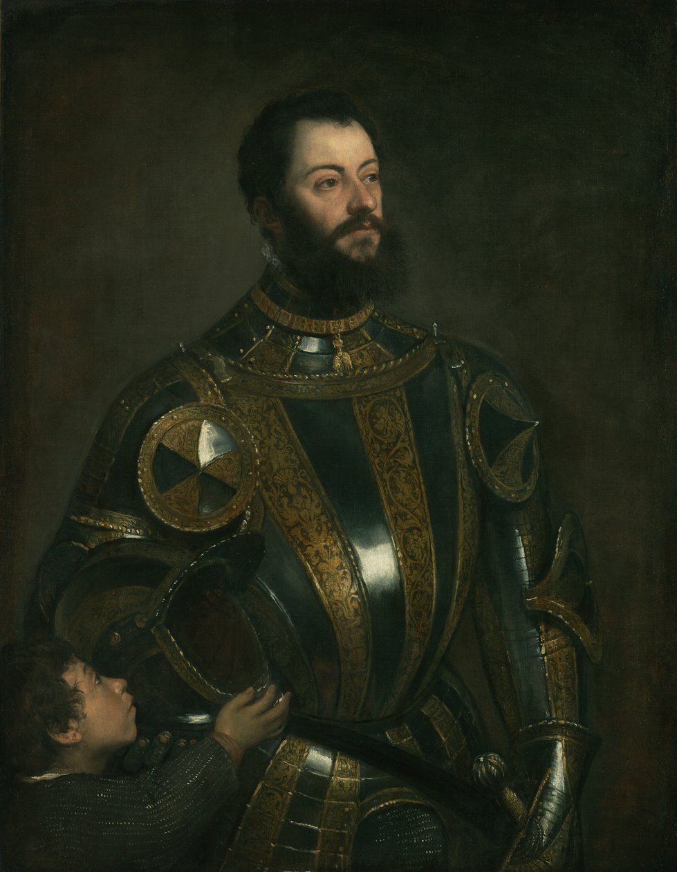Retrato de Alfonso d&39;Avalos, Marquês del Vasto, em armadura com um Pajem de Tiziano Vecelli